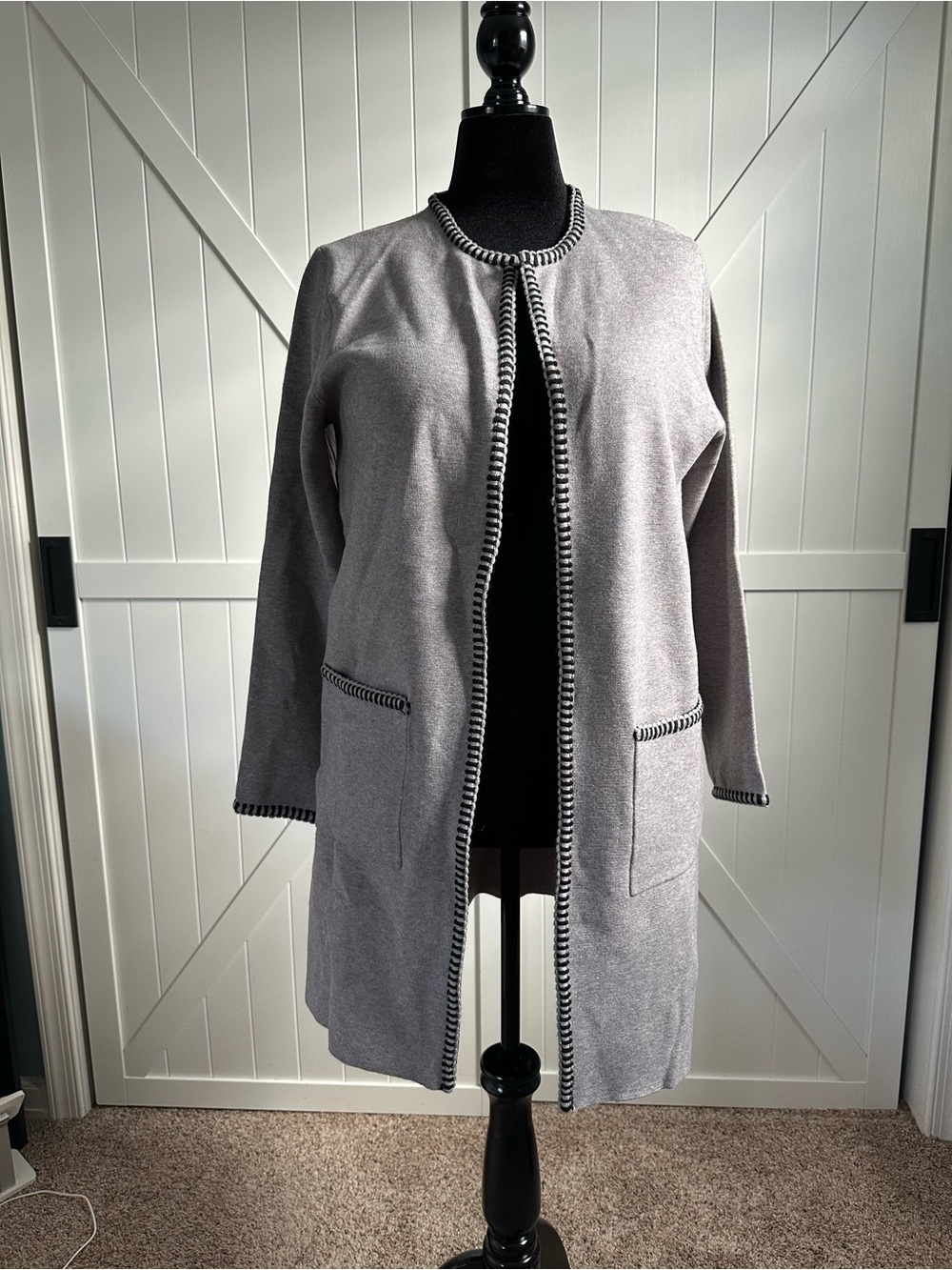 Magaschoni Gray Long Open Cardigan Black Whipstitch Trim Pockets L NWT